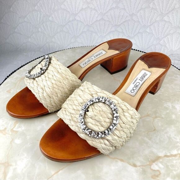 Jimmy Choo Granger Raffia-Wicker Heels Sandals Ivory Crystal Embellished Slides - Picture 5 of 13